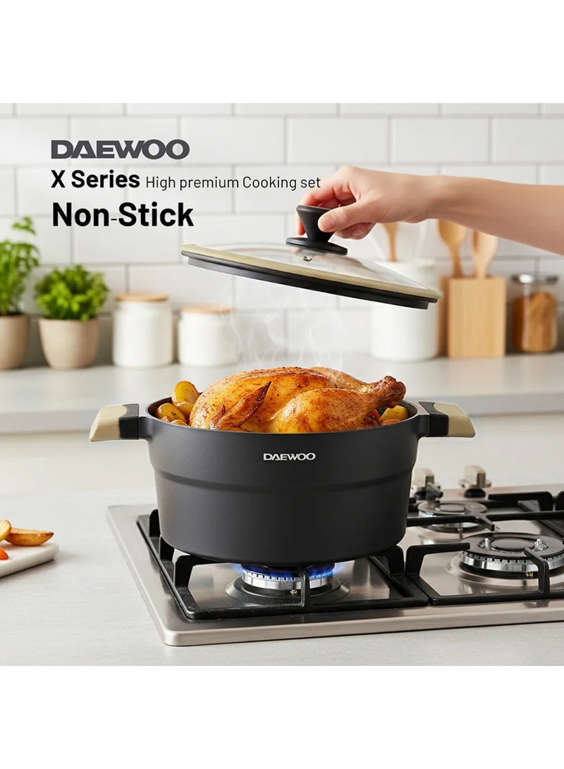 دايو قدر طهي دايو جرانيت 32 سم مع أغطية - مصنوع من الألومنيوم المصبوب، قاعدة غير لاصقة من 5 طبقات بنمط الرخام والجرانيت، مناسب للطهي بالحث، سطح خارجي مقاوم للحرارة، مقابض باردة الملمس - أسود - Image 2